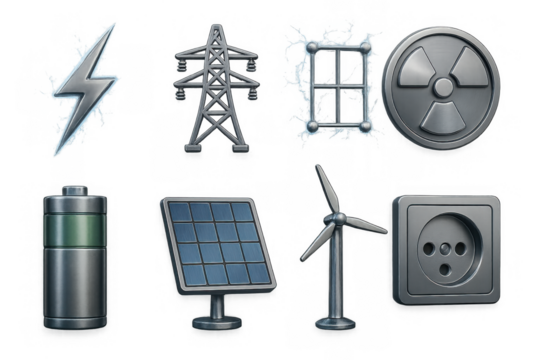 Metallic energy icons set: battery, solar panel, wind turbine, and more