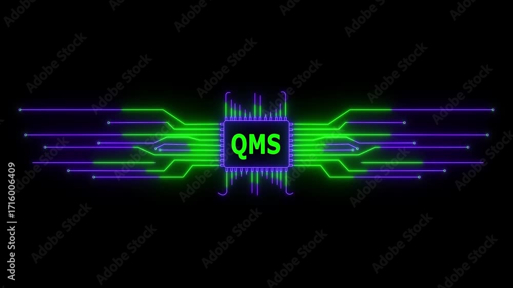 Poster neon circuit board qms text animation. neon tech colorful for digital interfaces. 4k video