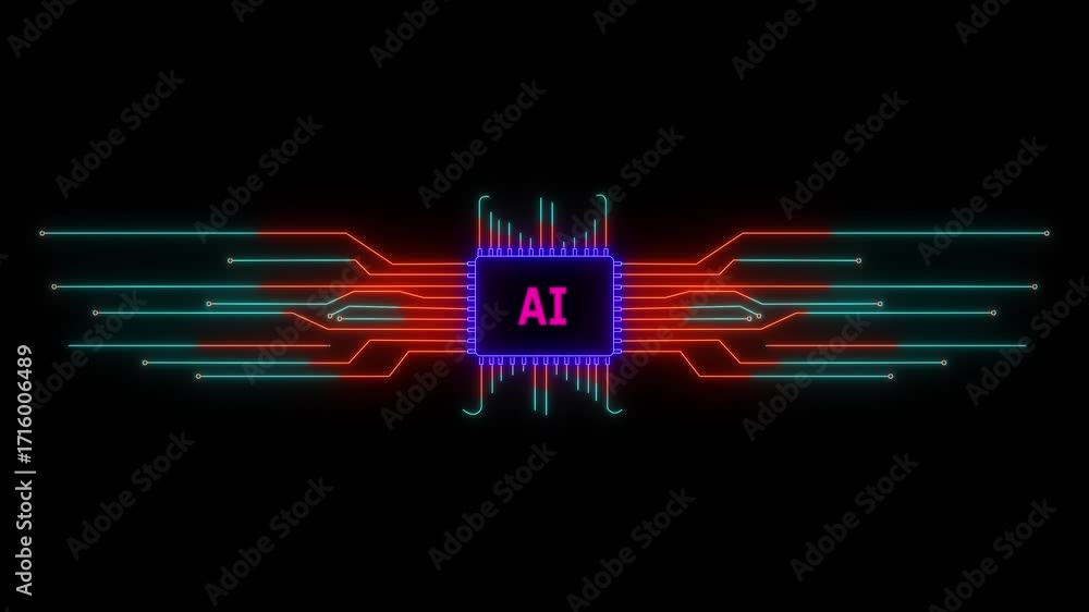 Poster neon circuit board ai text animation. neon tech colorful for digital interfaces. 4k video