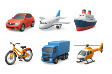 Colorful 3d transport models featuring car, bicycle, plane, ship, truck, and helicopter