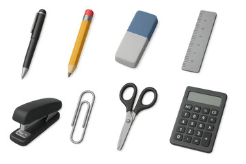 Collection of office supplies in realistic 3d style