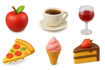 3d food and drink icons: coffee, pizza, cake, apple, wine, ice cream