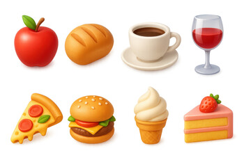 Realistic food icons: pizza, coffee, wine, burger, and dessert collection
