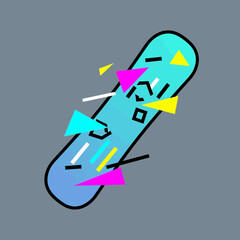 Abstract snowboard graphic with geometric shapes on a gray background.