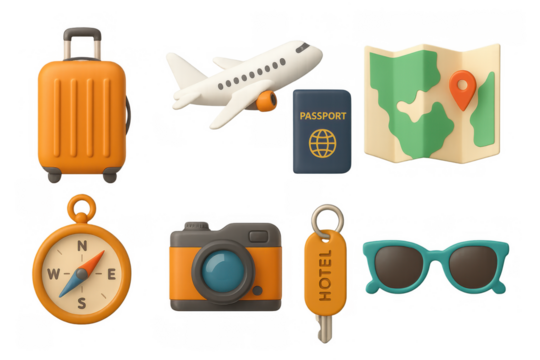 Travel adventure icons: 3d luggage, airplane, passport, map, compass, and more