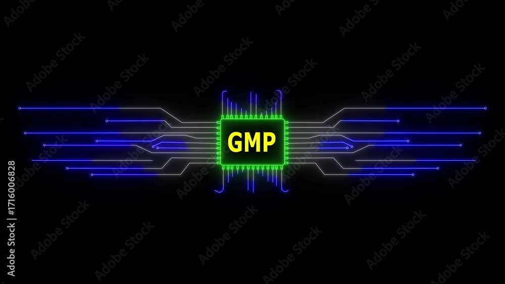 Poster neon circuit board gmp text animation. neon tech colorful for digital interfaces. 4k video