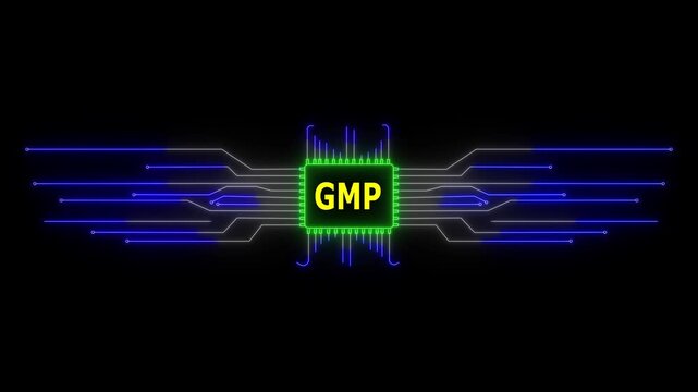 Neon Circuit board GMP text animation. Neon Tech Colorful for Digital Interfaces. 4k video