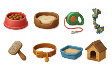 Essential 3d pet supplies collection: food bowl, leash, toys, and more