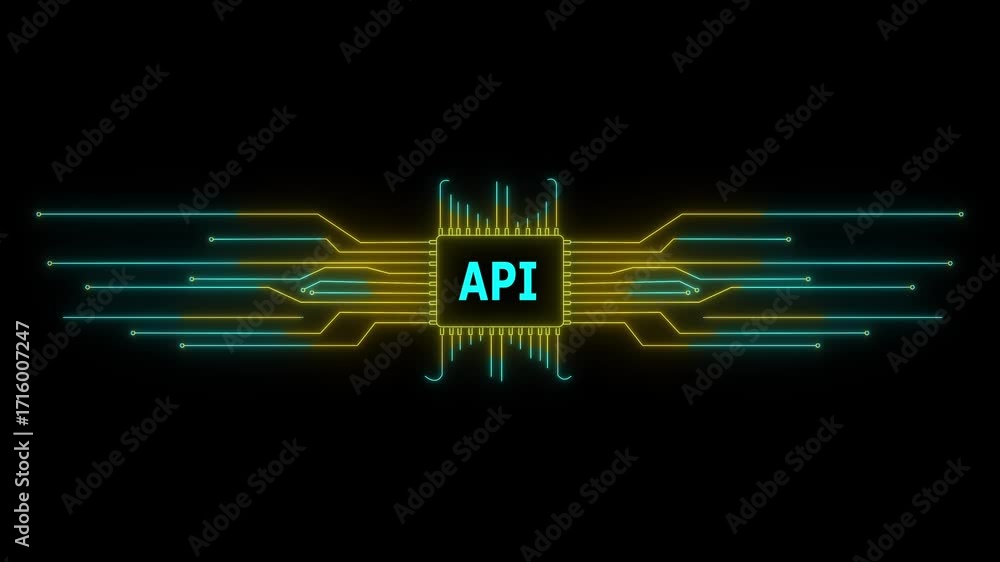 Poster neon circuit board api text animation. neon tech colorful for digital interfaces. 4k video