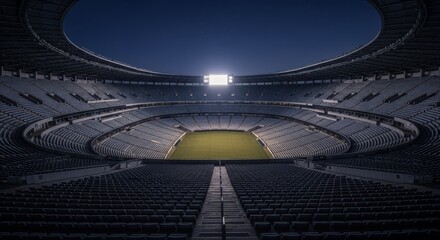 Empty stadium under a night sky lit field and rows of vacant seats