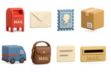 Colorful 3d icons of postal services including mailbox, envelope, stamp, and delivery truck