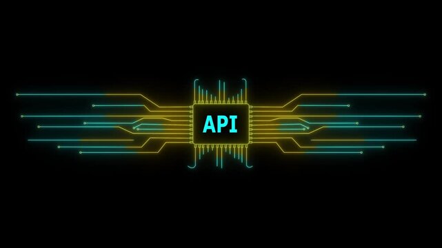 Neon Circuit board API text animation. Neon Tech Colorful for Digital Interfaces. 4k video