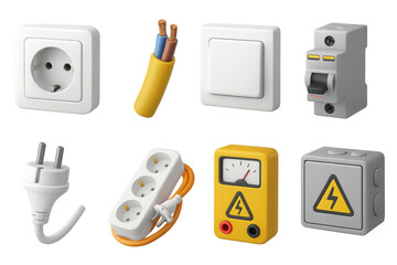 Electrical components set with 3d icons of switches, sockets, and wiring