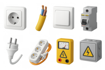 Electrical components set with 3d icons of switches, sockets, and wiring