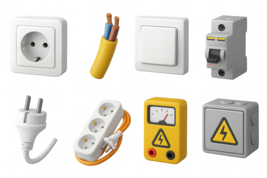 Electrical components set with 3d icons of switches, sockets, and wiring