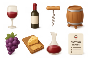 Wine tasting essentials collection with glasses, grapes, and cheese on a light background