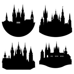 Fototapeta premium Four silhouette illustrations of castles and cathedrals on a white background in a vector format