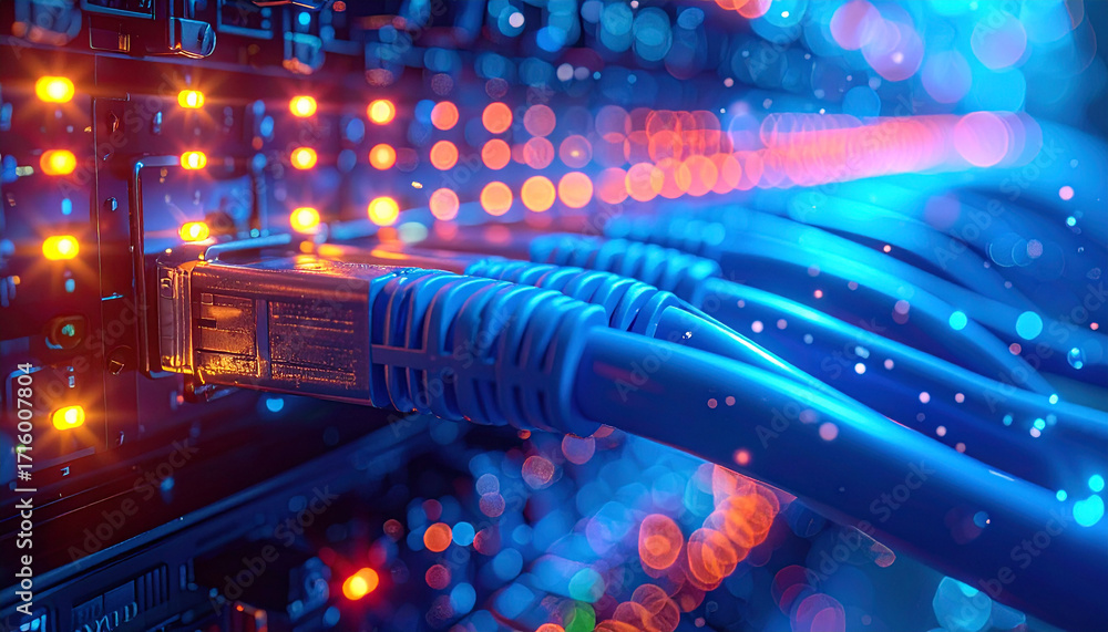 Aufkleber tech infrastructure: a visual feast of interconnected network cables and servers, a mesmerizing disp