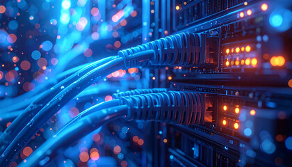 Digital Connections: A close-up view of a server room shows blue network cables connected, illuminated by a captivating light display, signifying seamless data flow and technological advancement.