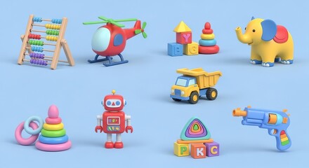Naklejka premium Colorful assorted childrens toys on blue background