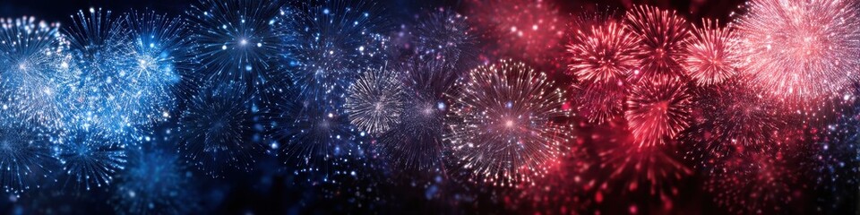 Obraz premium Panoramic Fireworks Display in Red, White, and Blue for Celebrating National Holidays