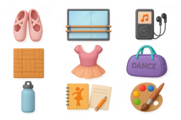 Colorful dance and art icons: shoes, bar, and creative supplies in 3d style