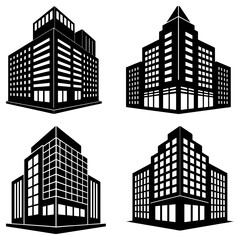 Fototapeta premium Four different black and white building illustrations with varying architectural designs and perspectives