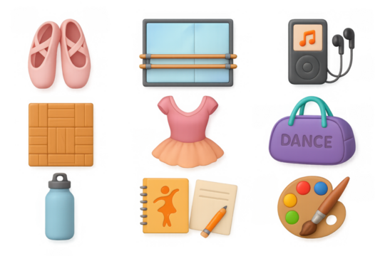 Colorful dance and art icons: shoes, bar, and creative supplies in 3d style