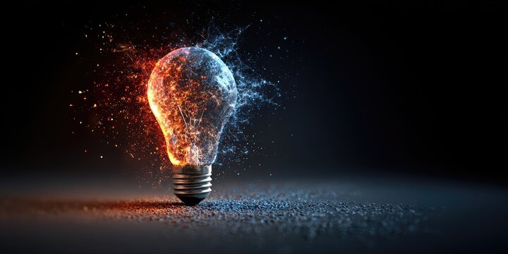 Abstract light bulb exploding into hot and cold particles representing ideas and energy transformation.