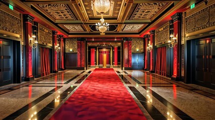 Elegant hallway with red carpet and ornate decorations in a luxury hotel interior at night