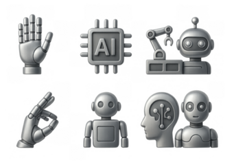 Futuristic robot icons with ai technology in 3d metallic style