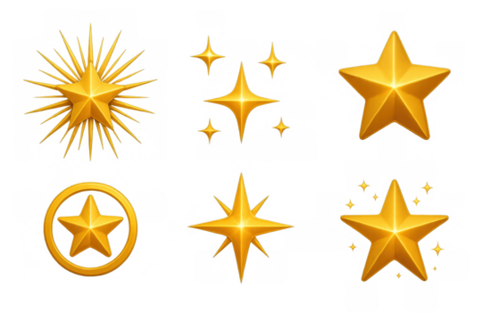 3d golden star icons with different geometric designs and glowing effects