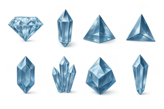 Set of geometric crystal shapes in blue tones