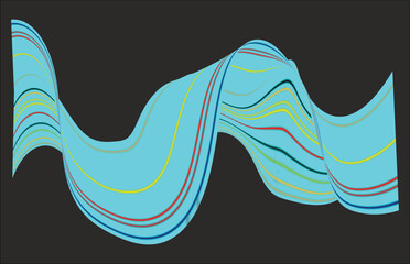 Wavy Light Blue Ribbon with Colorful Stripes on Dark Background abstract