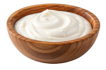 Wooden bowl filled with creamy yogurt for healthy snack or cooking ingredient on white background