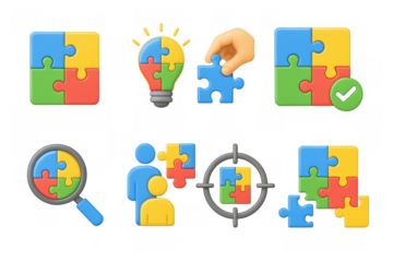 Colorful puzzle icons representing ideas and teamwork in 3d design
