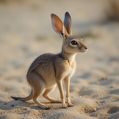 A Jerboa with long ears stands on sand, looking to the right.