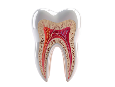 3D Render of Human Tooth Anatomy with Layered Cutaway, Transparent Background