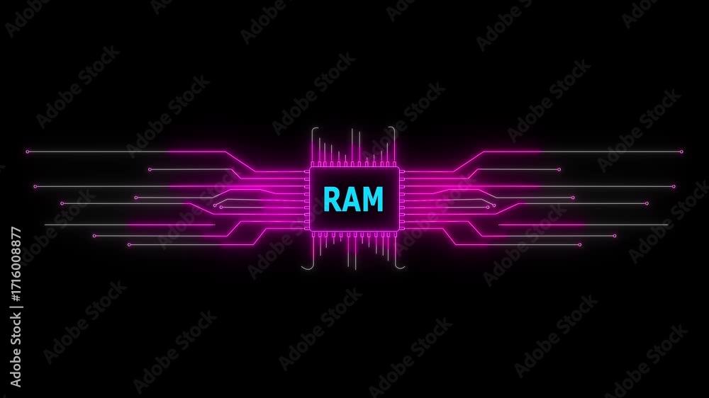 Poster neon circuit board ram text animation. neon tech colorful for digital interfaces. 4k video