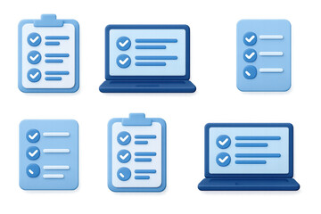 3d blue checklist icons with laptops and clipboards for task management