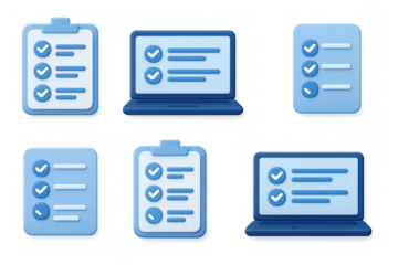 3d blue checklist icons with laptops and clipboards for task management