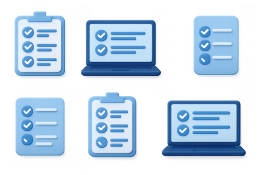 3d blue checklist icons with laptops and clipboards for task management