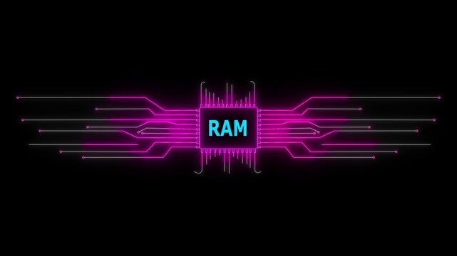 Neon Circuit board RAM text animation. Neon Tech Colorful for Digital Interfaces. 4k video