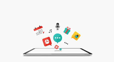 Tablet with vibrant icons representing app notifications scheduling music podcasting and gifts for modern digital lifestyle, Generative AI.