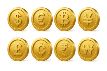 3d render of popular currency symbols on gold coins