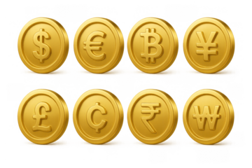 3d render of popular currency symbols on gold coins