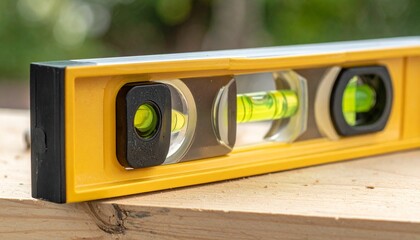 Metallic spirit level with three bubble vials on outdoor wooden surface—symbolizing alignment, craftsmanship, and the quiet choreography of precision and balance.