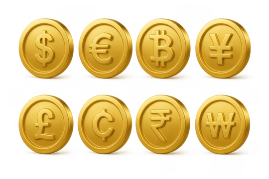 3d render of popular currency symbols on gold coins - Powered by Adobe