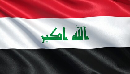 Iraq’s national flag with red, white, and black stripes and green Kufic script “Allahu Akbar”—symbolizing faith, resilience, and the visual choreography of cultural identity.