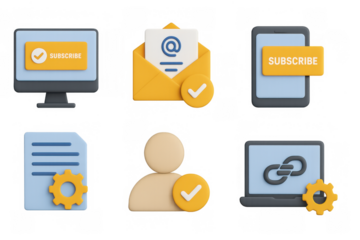 Colorful 3d icon set featuring email, subscription, and settings